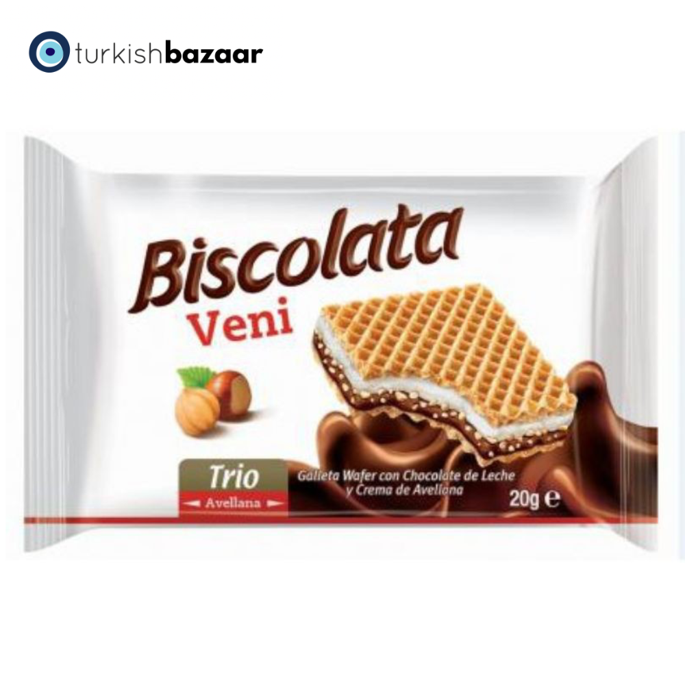 Bánh xốp Biscolata Veni Trio nhân sữa và kem hạt phỉ 480g (20g x 24)