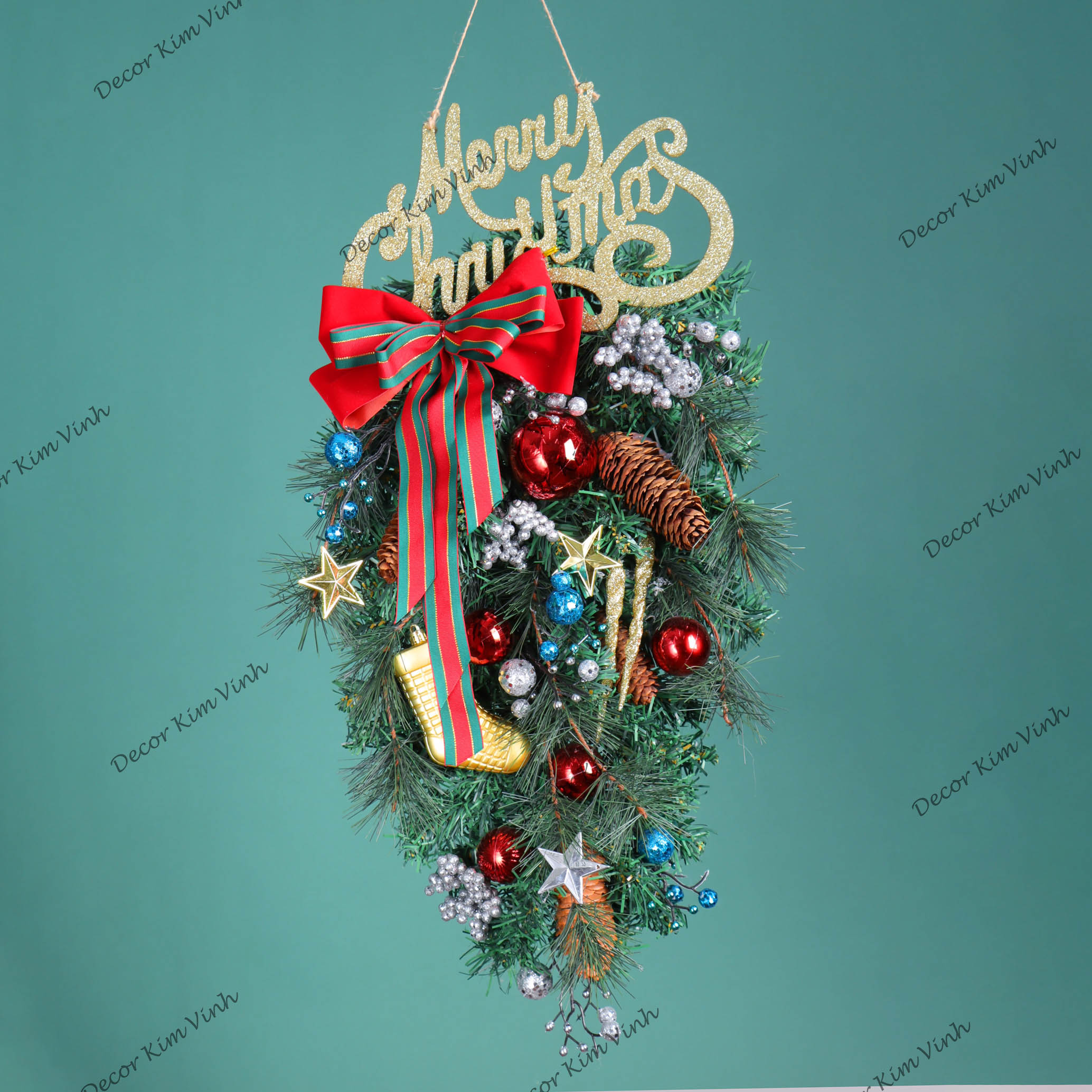 Dây Treo Chùm Thông CT08 Chùm Thông Merry Nơ Sọc Đỏ Trang Trí Noel Kèm đèn