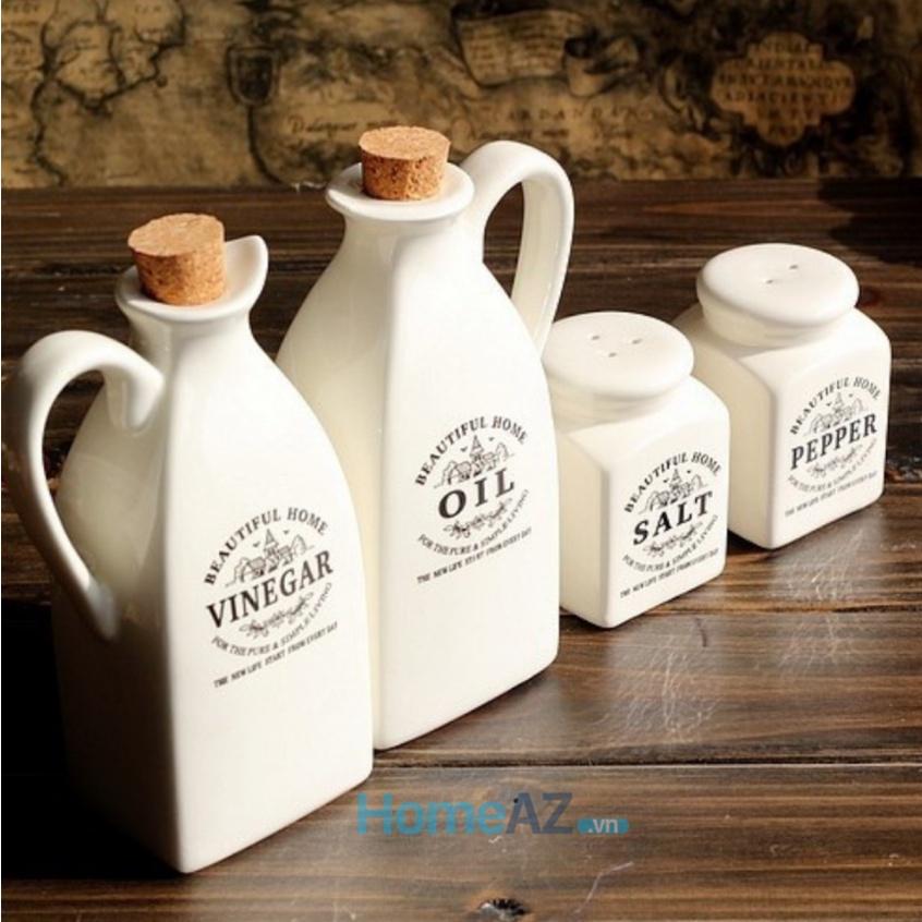 Bộ đựng gia vị nhà bếp bằng sứ cao cấp, đẹp LALIN có in tên trên lọ mã AZDTT003