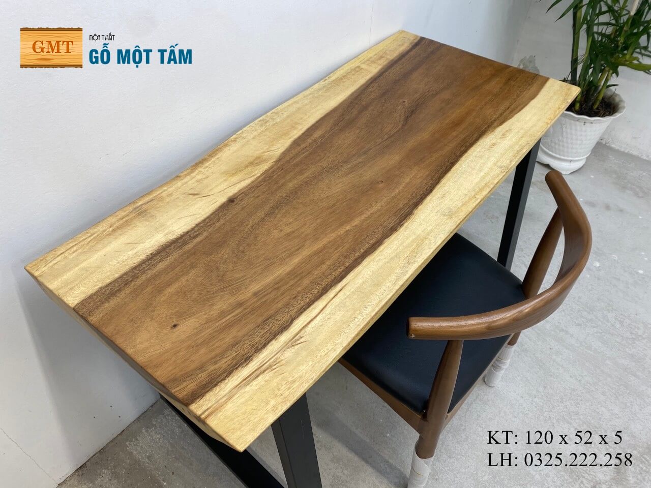 Bàn Ăn Gỗ Me Tây, Bàn Làm Việc Gỗ Tự Nhiên, Bàn Học Hiện Đại, Bàn Làm Việc Chân Sắt Dài 1,2m Rộng 52cm Dày 5cm