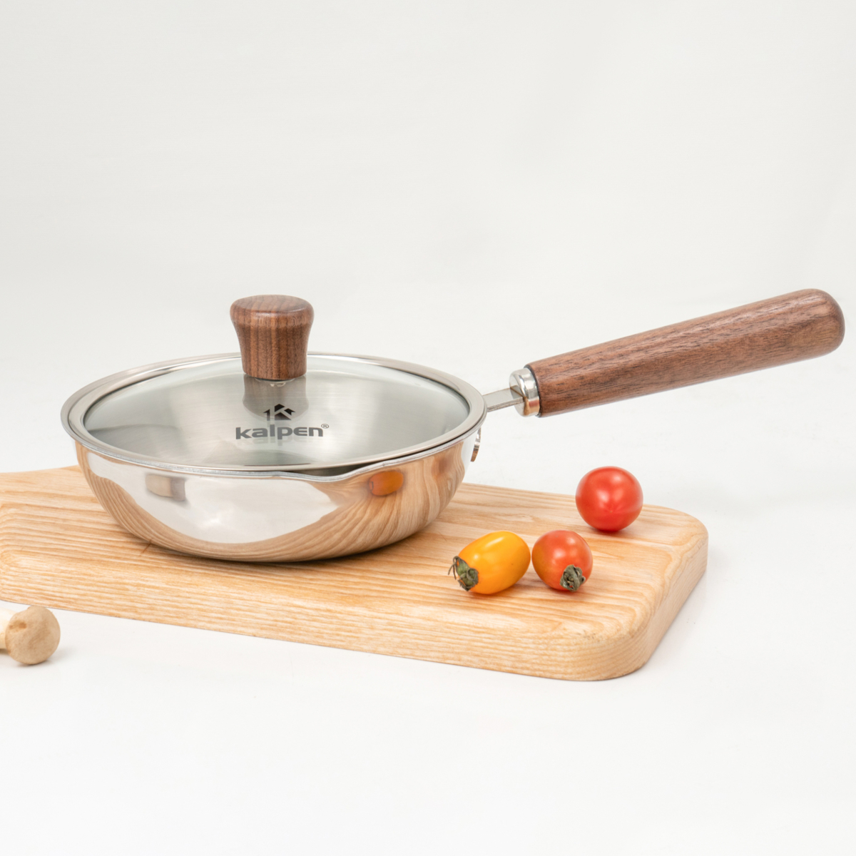 Chảo Inox 3 lớp đúc liền khối miệng rót Kalpen Rinmer 16cm kèm vung kính, bảo hành 5 năm