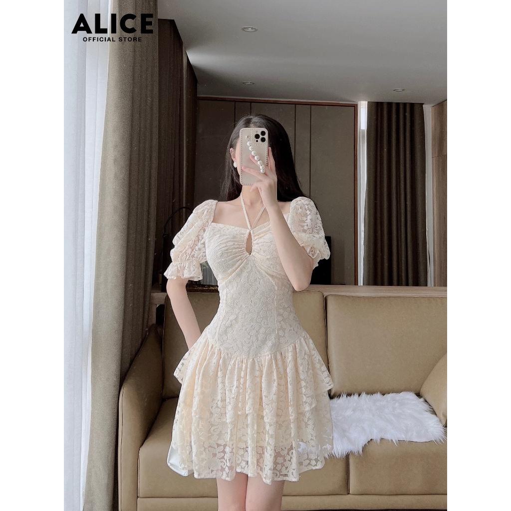 Váy Ren Cổ V Tiểu Thư ALICE Chất Vải Ren Lót Lụa Thiết Kế Dây Rút Ngực Tay Bồng Xếp Tầng Chân Váy V811