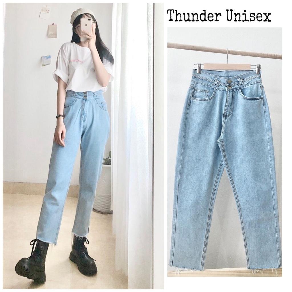 Quần Jean Nữ Dáng Baggy Cạp Lưng Cao Trơn Chất Bò Dày Dặn Màu Xanh Nhạt Sáng ThunderUniex Phong Cách Hàn Quốc Ulzzang