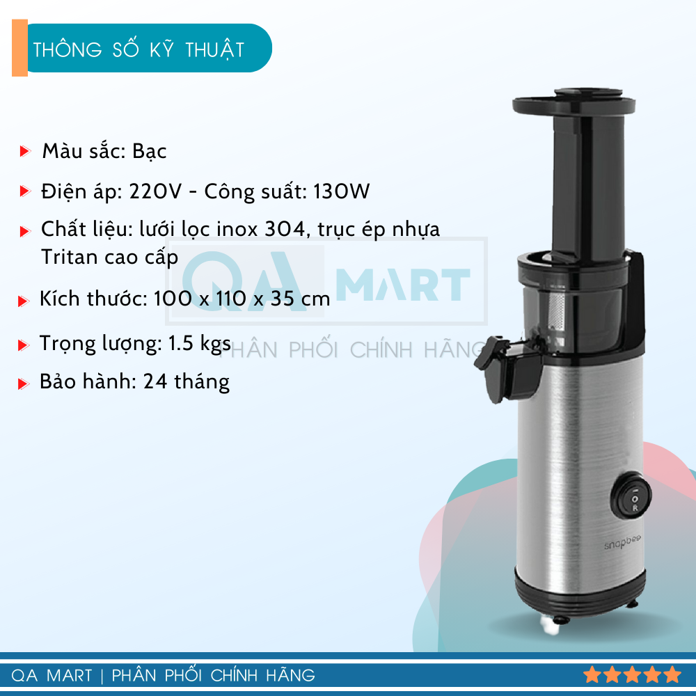 Máy ép hoa quả chậm Snapbee SK202 mini, ép kiệt bã, nhỏ gọn, dễ lắp ráp - Hàng chính hãng, bảo hành 24 tháng