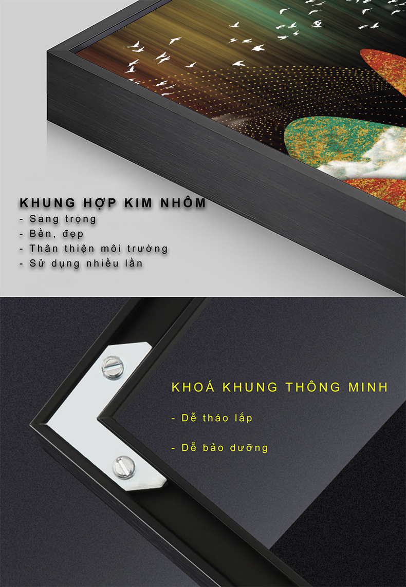 Tranh phong thuỷ Mica 3 bức Người lái đò giữa núi vàng trùng điệp trừu tượng (Thích Lịch Hỏa). Model: AZ3-0099