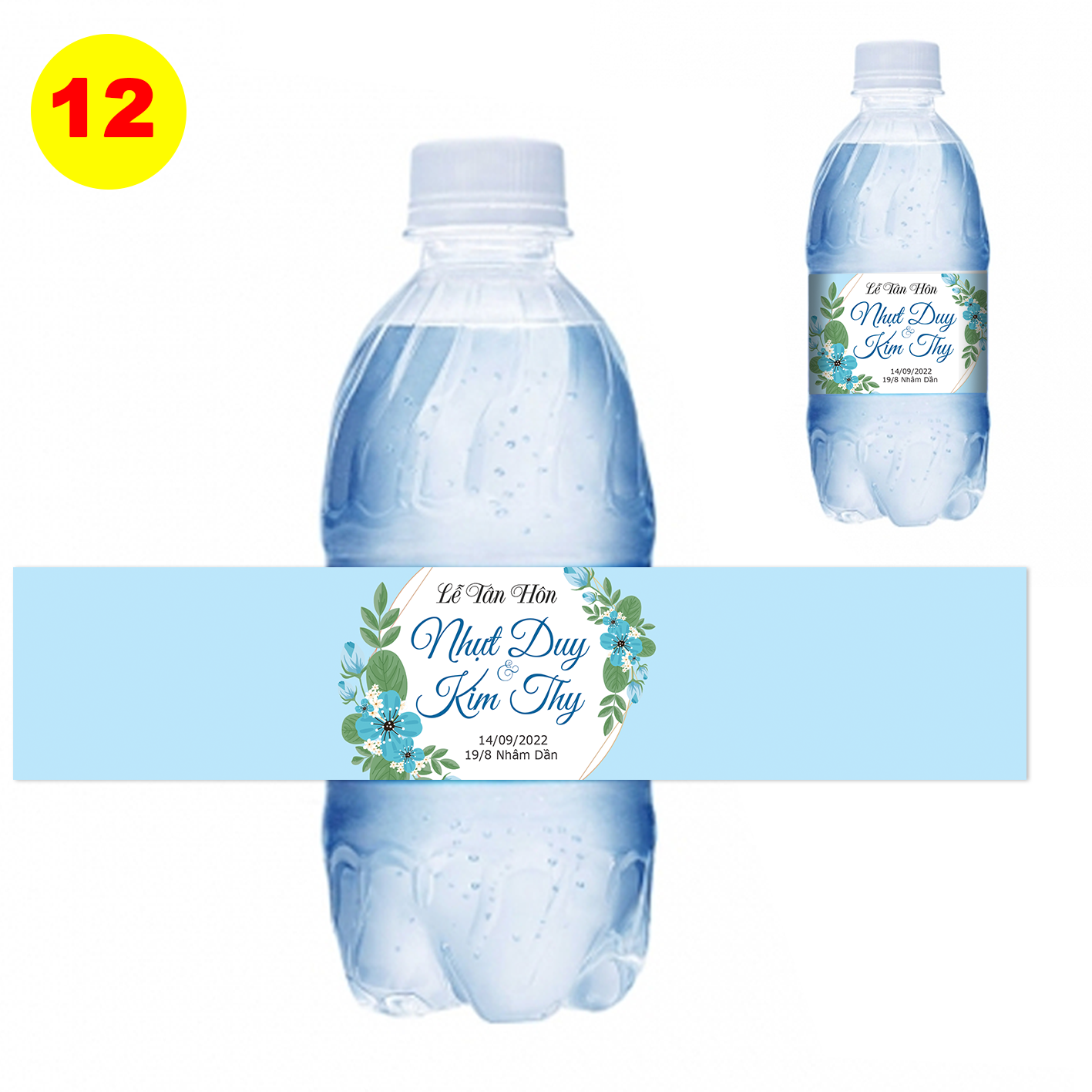 Decal nhãn dán chai nước đám cưới - chai tròn MS 12