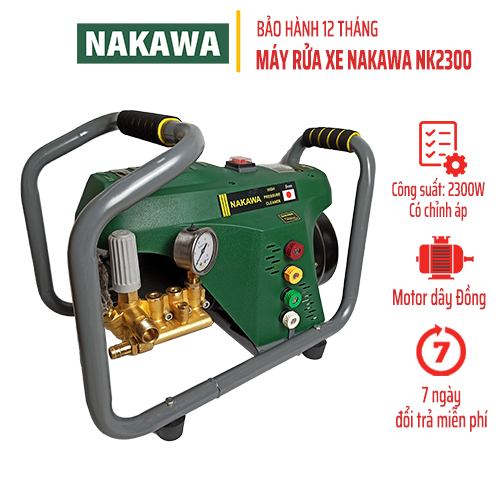 Máy rửa xe Nakawa NK2300, Công suất 2300W, motor dây Đồng, Tặng kèm 4 đầu phun, Áp lực cực mạnh đánh bay mọi vết bẩn