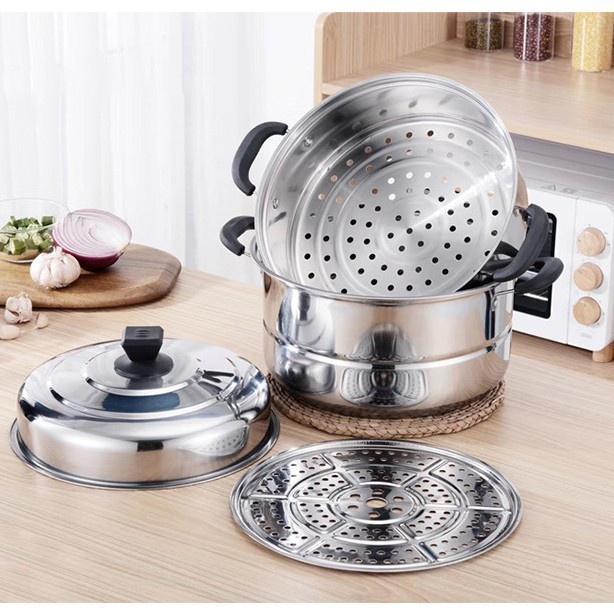 Nồi hấp xửng hấp 3 tầng hấp gà xôi bánh bao chất liệu inox cao cấp size 28cm dùng được bếp từ