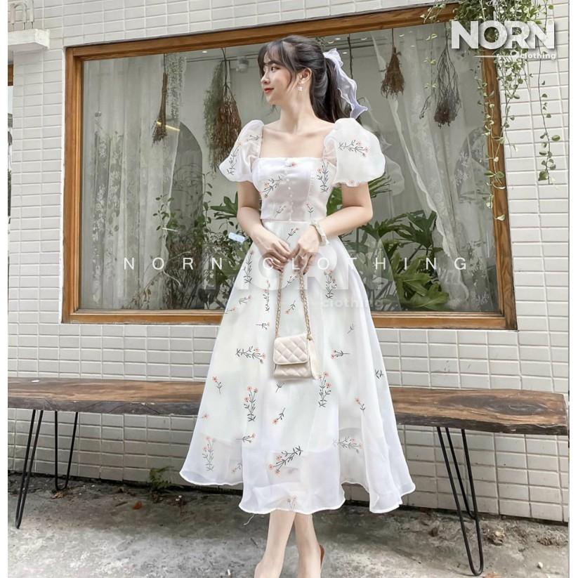 Đầm hoa nút bọc cổ vuông - NORN Clothing