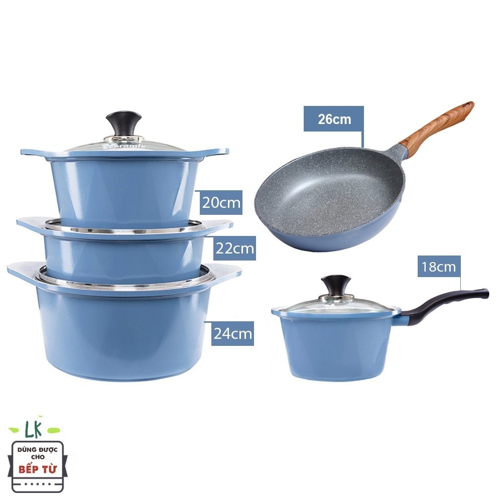 Combo 5 món cao cấp, nồi đúc chống dính ceramic Hàn Quốc đế từ xanh size 18-20-22-24cm, chảo vân đá ceramic size 26cm màu xanh (dùng được tất cả các bếp, kể cả bếp từ) - Hàng chính hãng