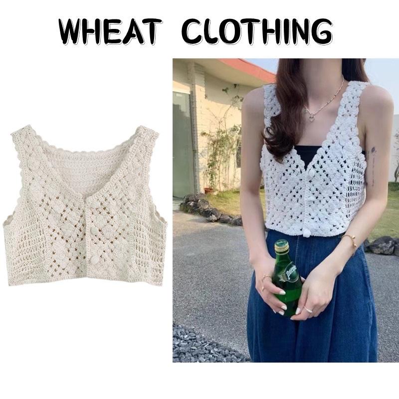 Áo 2 dây sợi móc cài khuy cổ tim dáng ngắn croptop