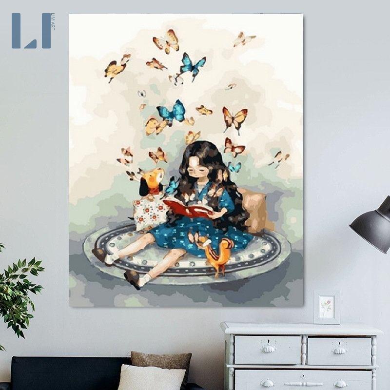 Tranh sơn dầu số hoá có khung LIM Art- Tranh tô màu theo số cô bé tóc xù độc thân Aeppol Forest Girl