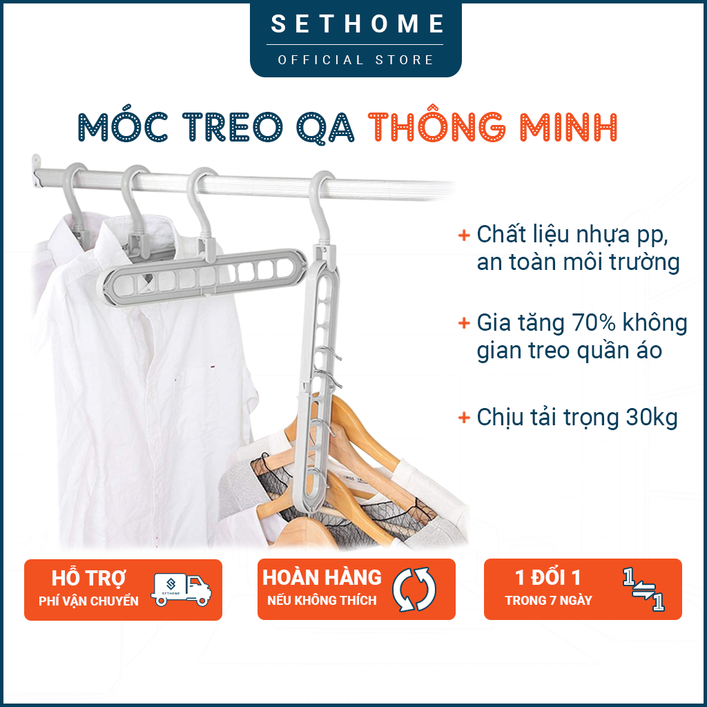 Móc treo quần áo thông minh SETHOME tiết kiệm 75% không gian tủ quần áo, chất liệu PP chắc chắn chịu lực 40kg