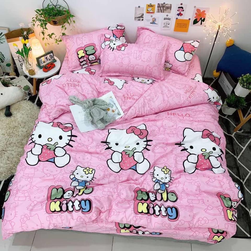 Bộ chăn ga gối Coton Poly KITTY HỒNG