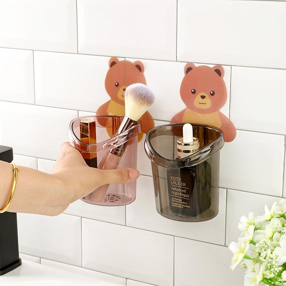 Cốc Gấu Dán Tường Để Bàn Chải Đánh Răng Hình Gấu Có Lỗ Thoát Nước Tiện Lợi - Hàng chính hãng