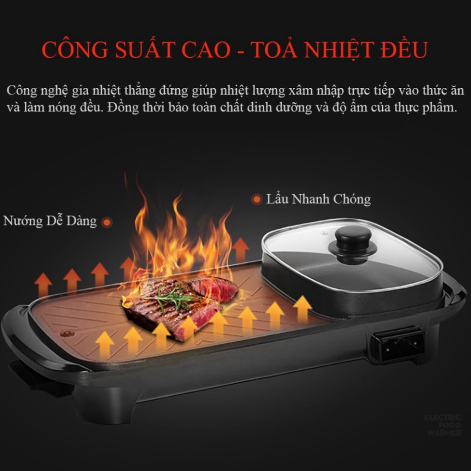 Bếp lẩu nướng 2in1 đa năng cao cấp dài, nồi lẩu kiêm nướng công suất 1300w, bề mặt tráng men chống dính - Hàng chính hãng