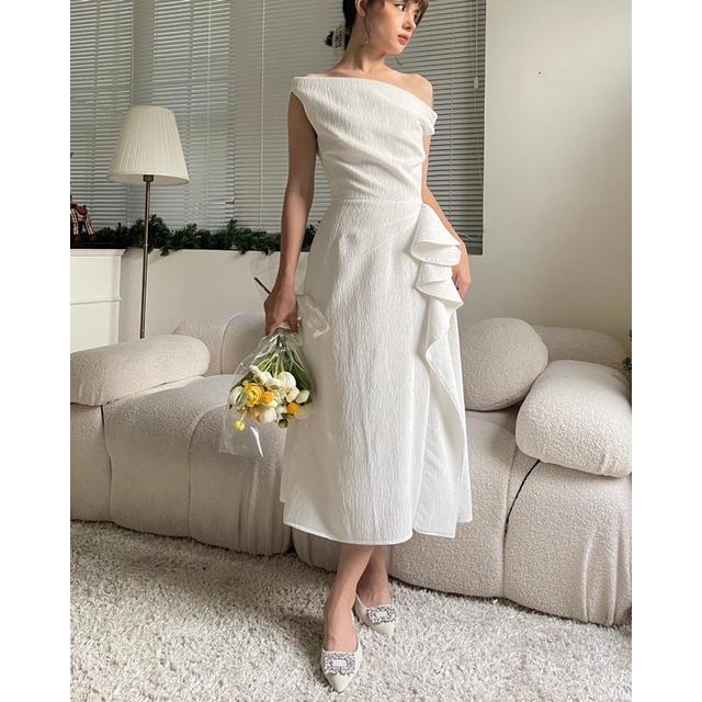ROSE DRESS Đầm trễ vai gân sóng xếp 1 bên