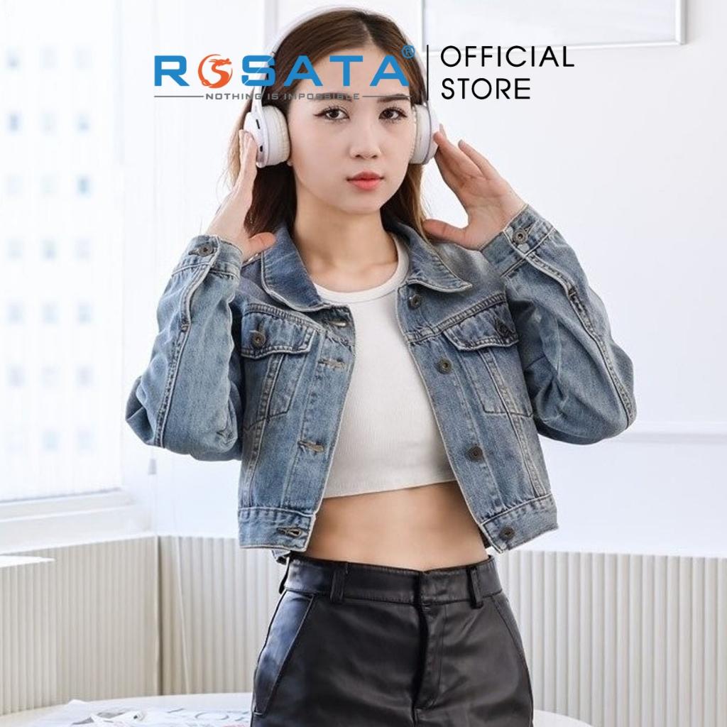 Áo khoác nữ ROSATA K32 croptop jeans túi hộp cài cúc cao cấp in chữ mặt sau tay dài thoáng khí