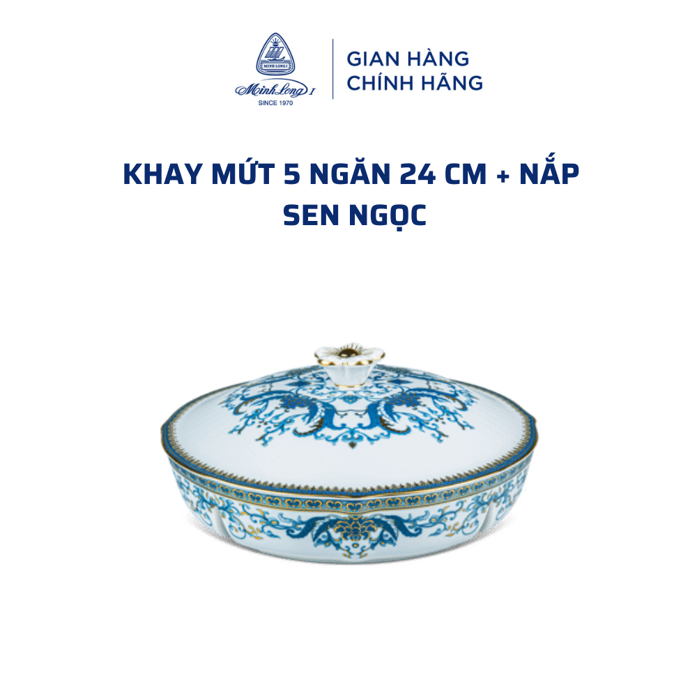 Khay Mứt Tròn Sứ Cao Cấp Minh Long 5 ngăn 24cm + nắp - Sen Ngọc