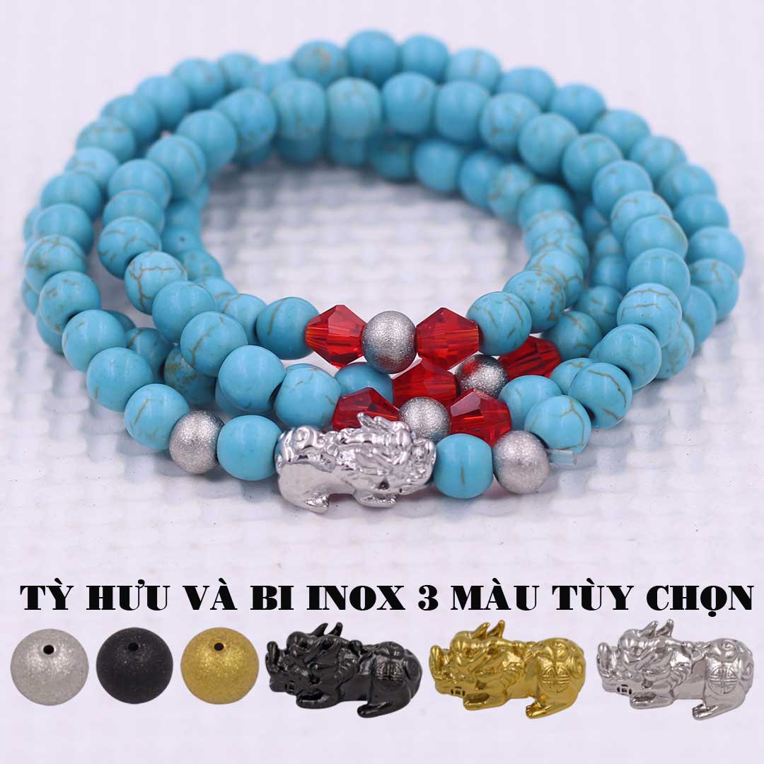 Vòng chuỗi 108 hạt đá Thiên hà xanh charm tỳ hưu inox - Chuỗi hạt 6 ly, 8 ly - Vòng chuỗi niệm Phật Bình an, may mắn