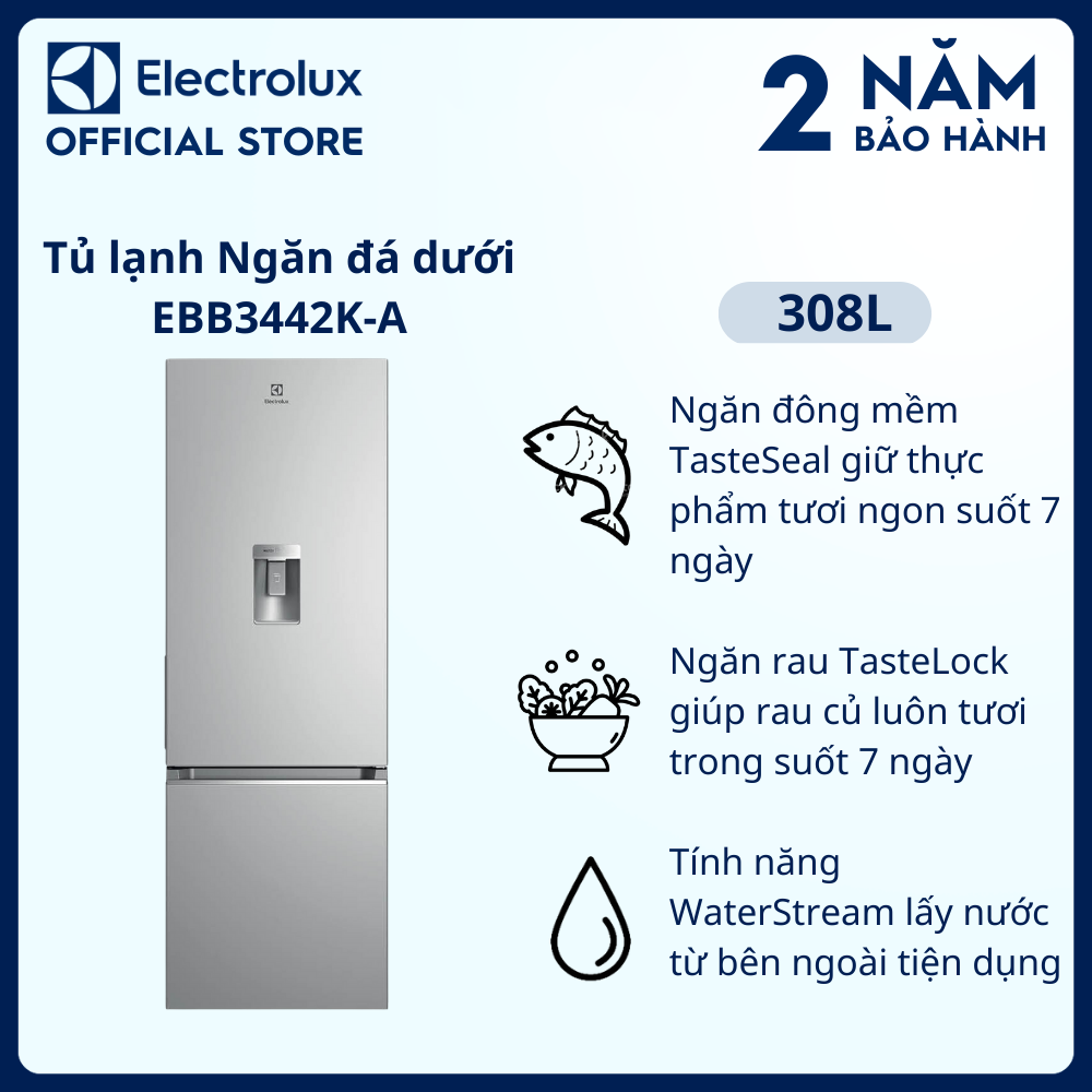 [Freeship] Tủ lạnh Electrolux Inverter ngăn đá dưới có ngăn đông mềm 308 lít - EBB3442K-A - Tính năng lấy nước bên ngoài, khay đá xoay, tính năng khử mùi diệt khuẩn [Hàng chính hãng]