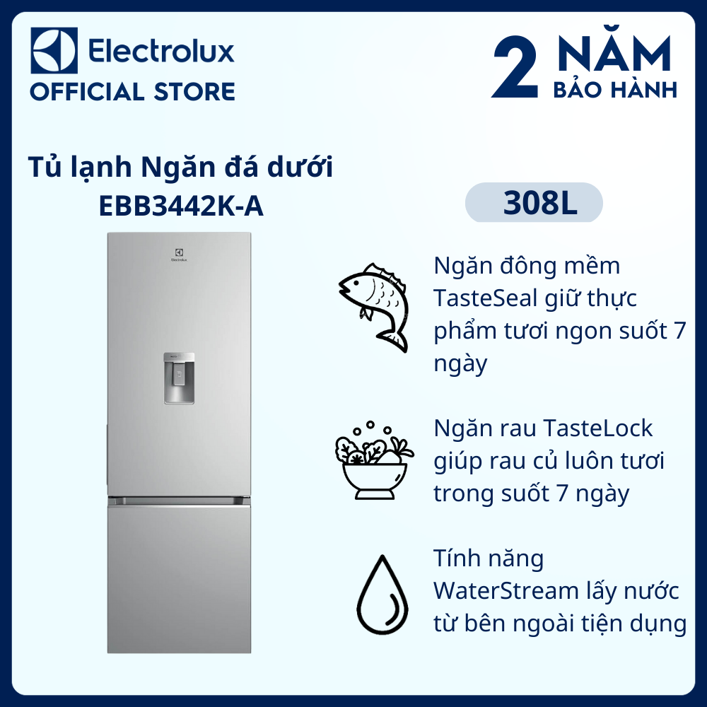 [Miễn phí giao hàng toàn quốc] Tủ lạnh Electrolux Inverter UltimateTaste 300 ngăn đá dưới có ngăn đông mềm 308 lít - EBB3442K-A - Tính năng lấy nước bên ngoài, khay đá xoay, tính năng khử mùi diệt khuẩn [Hàng chính hãng]