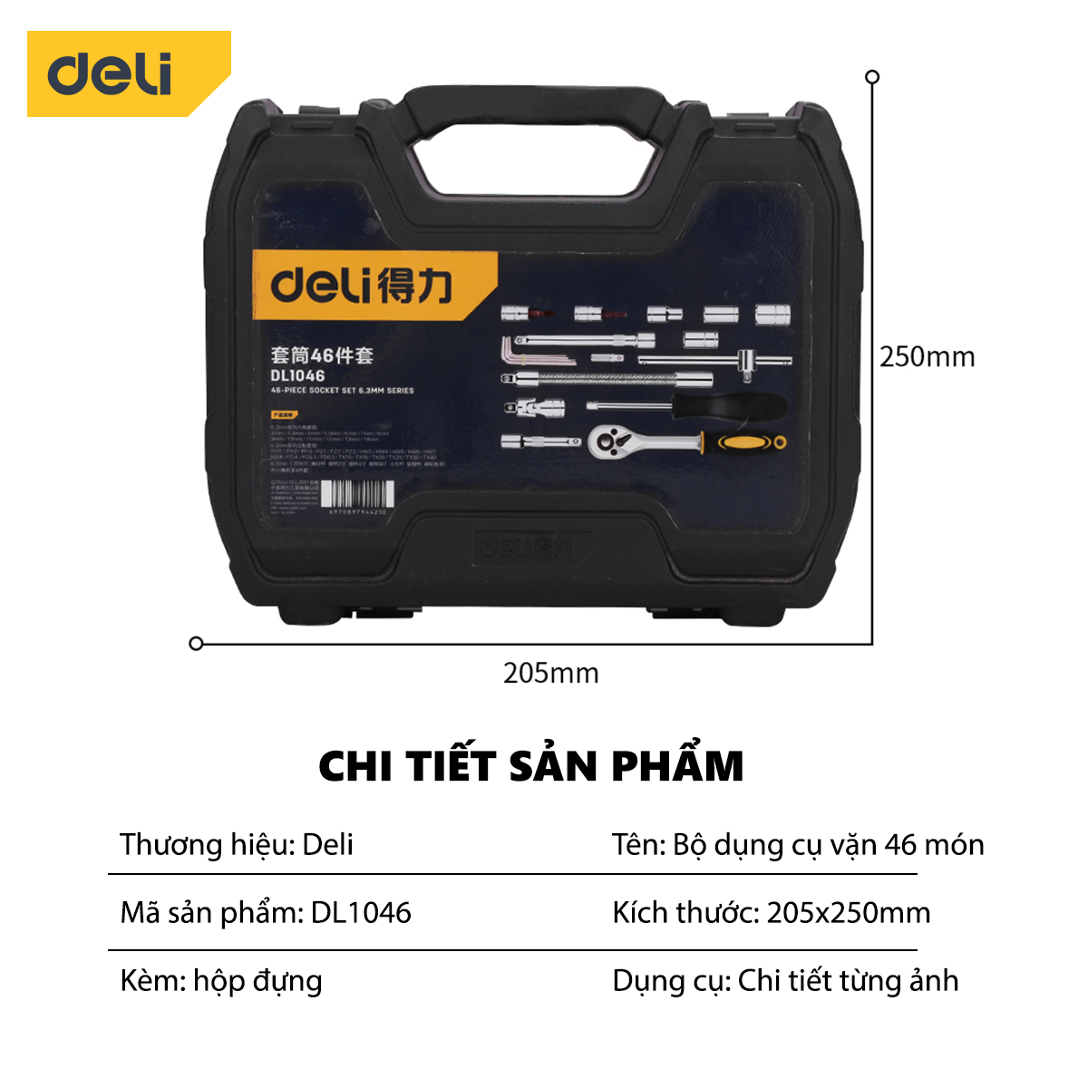 Bộ Dụng Cụ Vặn Bu Lông 6.3mm Deli Cao Cấp 46 Chi Tiết Sửa Chữa Xe Máy, Ô Tô - Hộp Đựng Cầm Tay Tiện Lợi - DL1046