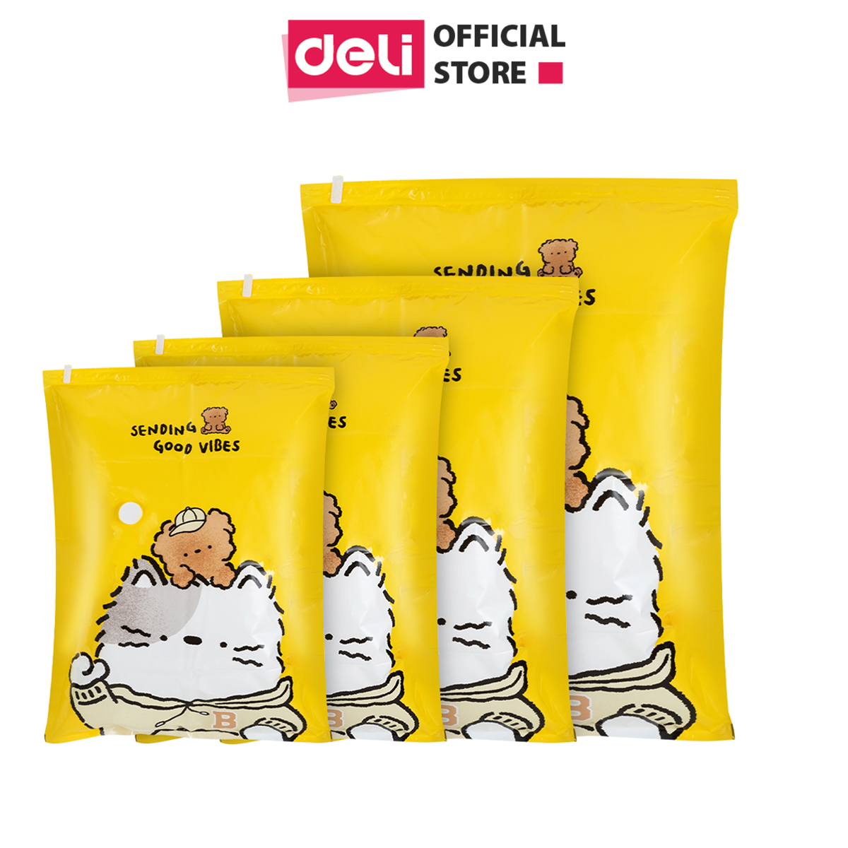 Túi Hút Chân Không Đựng Quần Áo, Chăn Ga Gối, Thú Bông Deli - Loại Dày Cao Cấp, Nhiều Hoạ Tiết, Bảo Vệ Quần Áo, Chăn Ga Khỏi Ẩm, Nấm Mốc, Chống Nước Tuyệt Đối - Mèo Xám - Vàng - 80X100