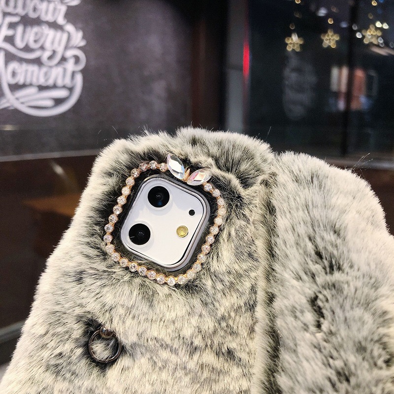 Ốp Lưng Điện Thoại Bằng Lông Thú Hình Tai Thỏ Có Quai Đeo Sang Trọng