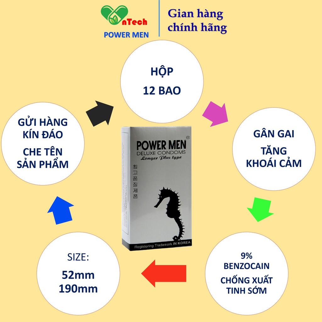 Bao cao su Powermen LONGER PLUS gân gai tăng khoái cảm kéo dài thời gian có 9% Benzocain hạn chế xuất tinh sớm 12 bao