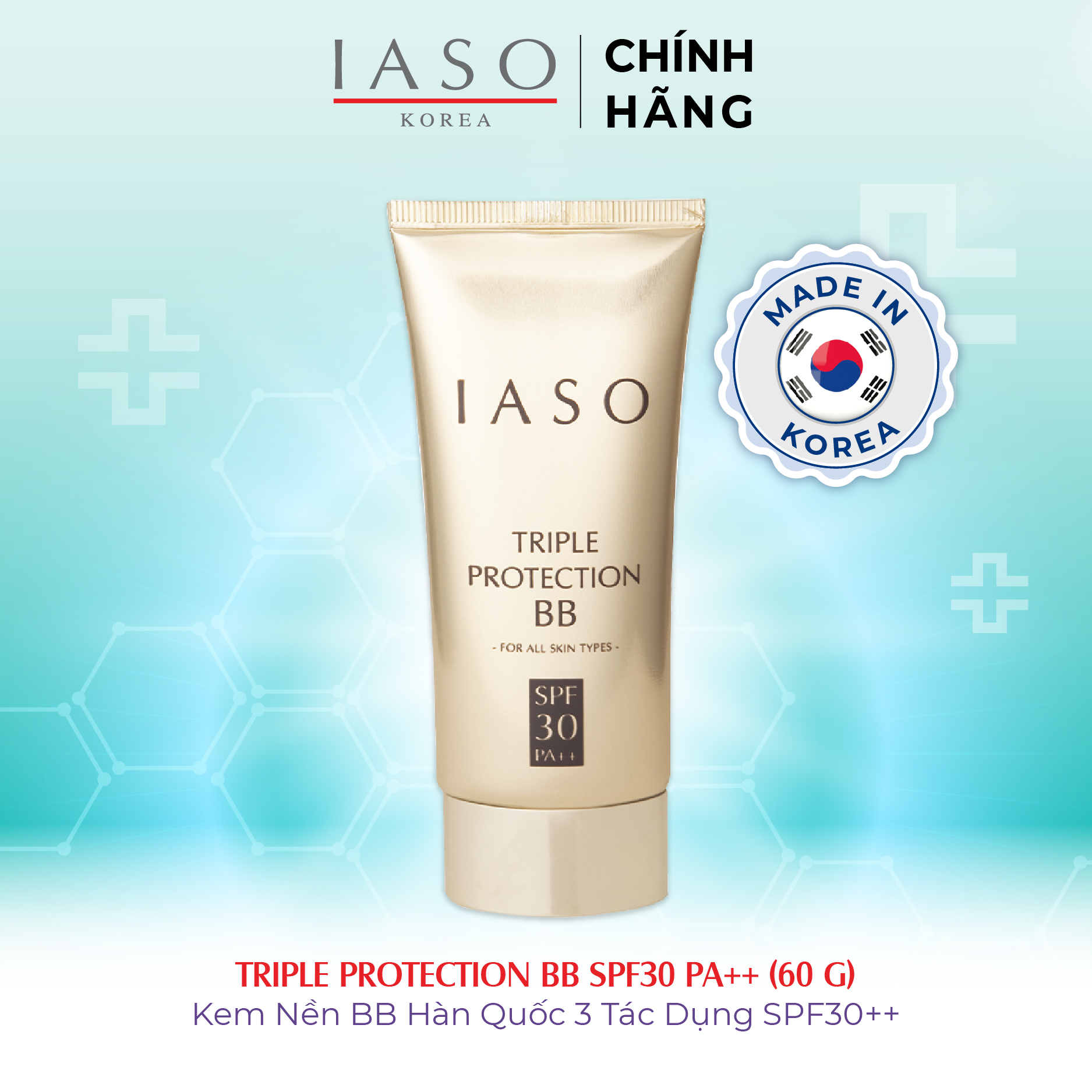 Combo 2 I30 Kem lót trang điểm 3 tác dụng IASO Triple Protection Base SPF 30 PA++ 60g