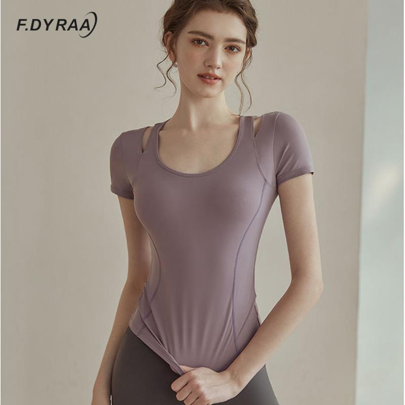 Phụ Nữ Mùa Hè Tập Yoga Cao Cấp Khoét Hở Thể Thao Tay Ngắn Chạy Bộ Tập Thể Hình Áo Thun Tập Gym Quần Áo Thoáng Khí Chặt Thun Áo Color: Blue Size: M