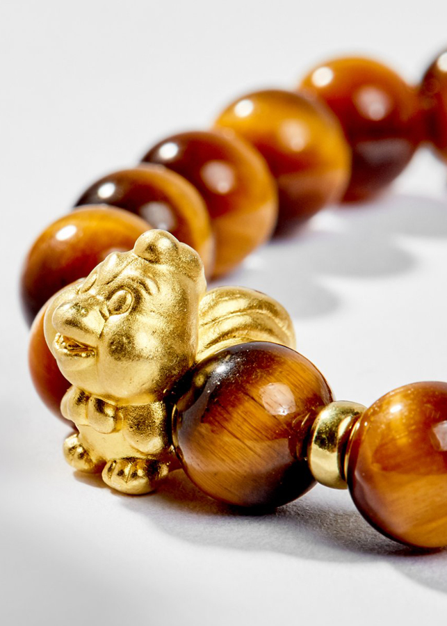 Vòng Tay Phong Thủy Đá Mắt Hổ Vàng Nâu Phối Charm Tuổi Dậu Bạc Mạ Vàng 24K Mệnh Thổ, Kim Ngọc Quý Gemstones