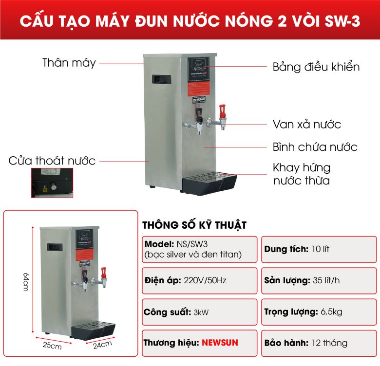 Máy đun nước nóng 35 lít/giờ SW-3 kèm lọc nước (bạc silver/đen titan) NEWSUN - Hàng chính hãng