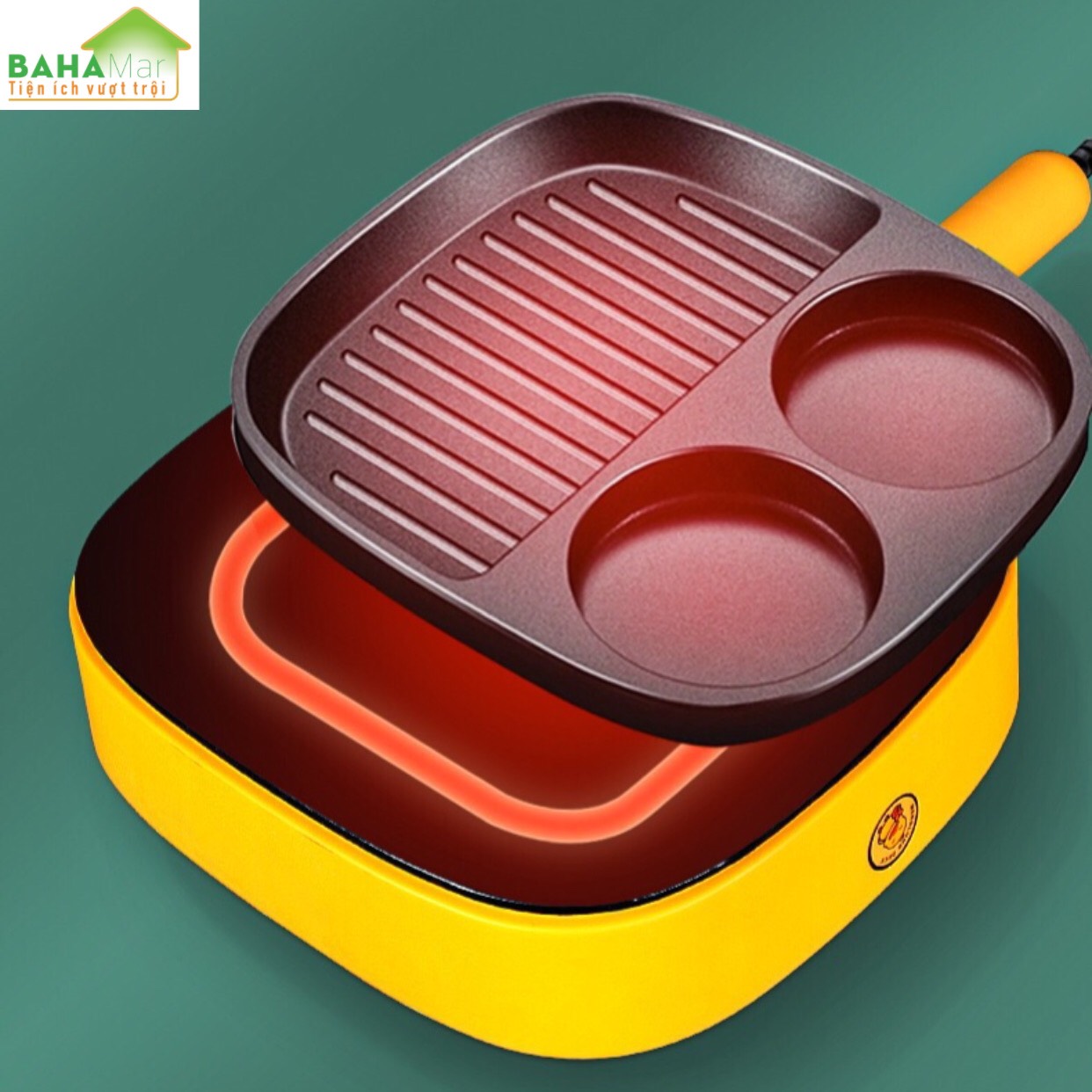 CHẢO ĐÁ ĐIỆN MINI CHỐNG DÍNH CHIA 3 NGĂN TIỆN SỬ DỤNG CHO BẾP "BAHAMAR" Chảo chia 3 ngăn, 2 ngăn tròn làm bánh, ngăn to dùng chiên, xào tiện lợi.