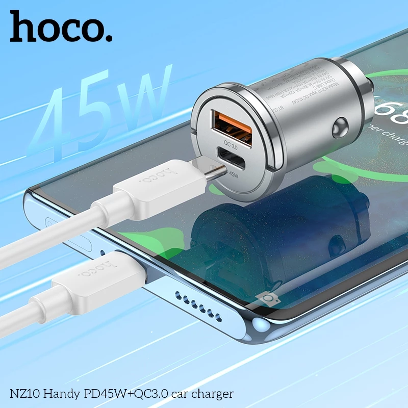 Tẩu sạc 45W 2 cổng (Type C + USB) sạc nhanh cho điện thoại Samsung/ iP/ Xiaomi Hoco NZ10 _ Hàng chính hãng