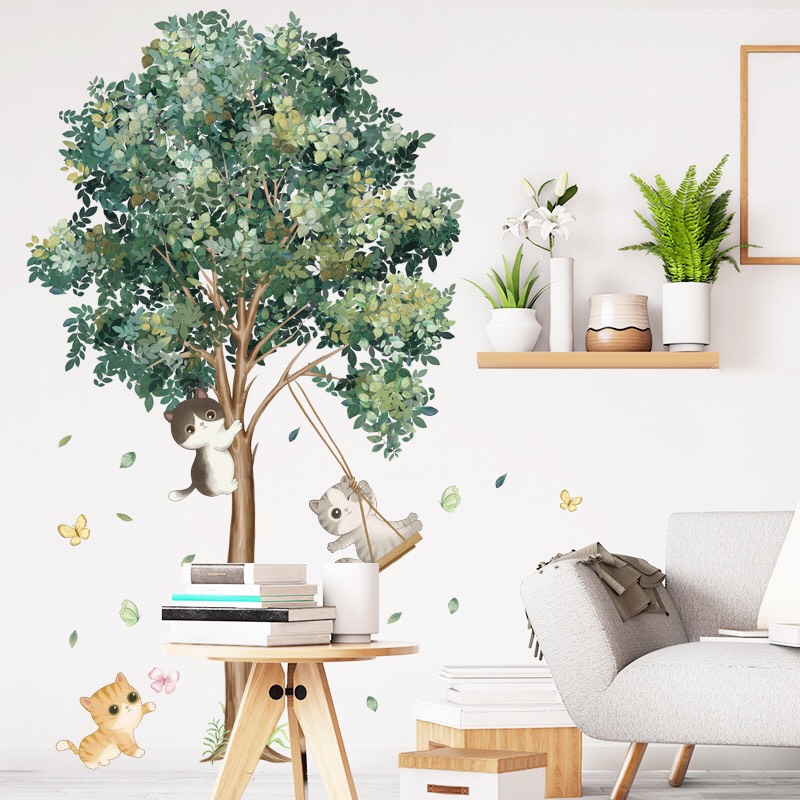 Decal trang trí tường - Cây xanh và 3 chú mèo vui đùa