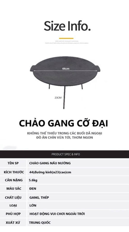 Chảo gang dã ngoại cỡ đại 3 chân kèm túi đựng tiện lợi