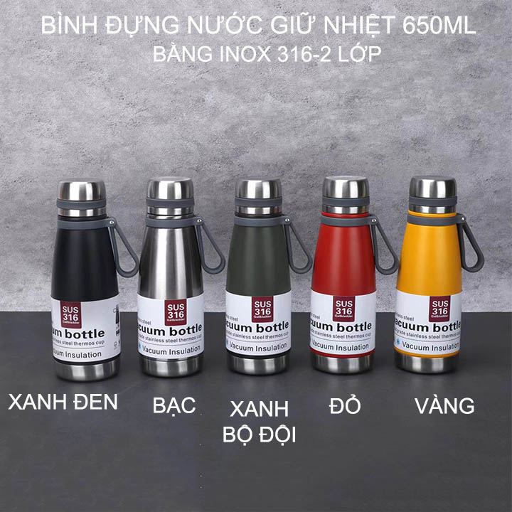 Bình giữ nhiệt 2 lớp bằng inox 316, dung tích 650ml, có nhiều màu cho khách lựa chọn