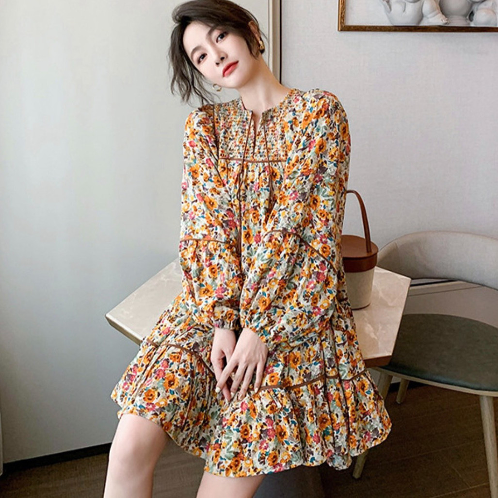 Đầm nối tầng hoa nhí vàng nâu đi chơi dự tiệc chất vải lụa cao cấp SPRING DRESS