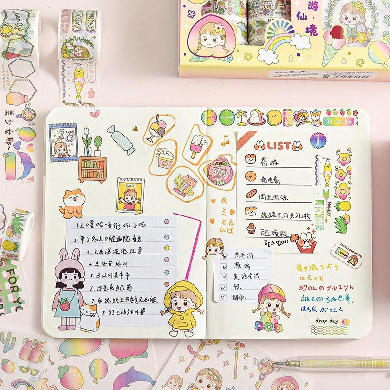 Hộp sticker cute washi tape dán sổ tay decor set 10 cuộn băng dính 10 hình dán sicker Timo WS1