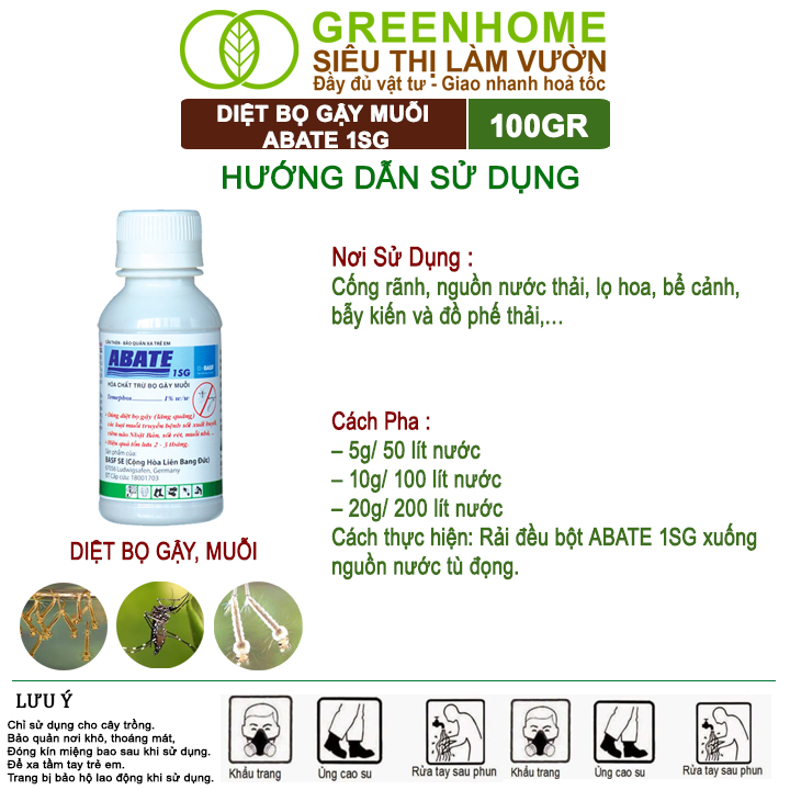 Chế Phẩm Diệt Bọ Gậy, Muỗi Greenhome, Abate 1SG, Chai 100Gr, Ngắn Ngừa Bệnh Sốt Xuất Huyết, Sốt Rét