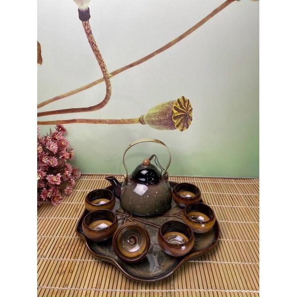 BỘ ẤM CHÉN PHA TRÀ SỨ QUẢ BẦU KÈM KHAY HÌNH LÁ SEN
