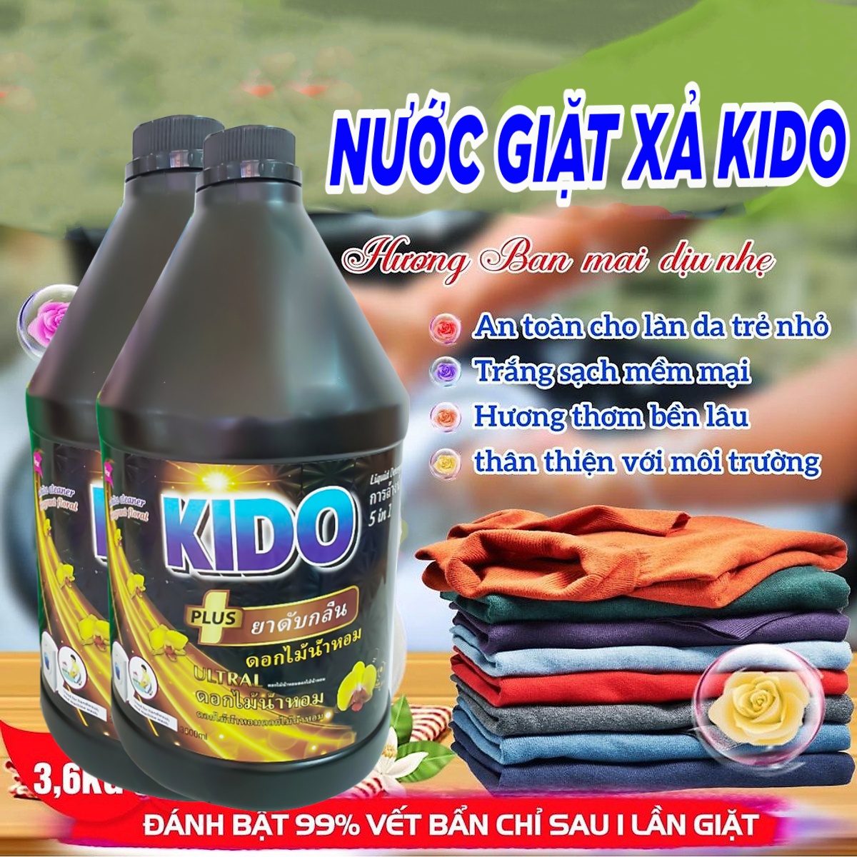 Nước Giặt Xả Thái Lan Hương thơm nhẹ nhàng ,Bảo Vệ Sợi Vải KiDo Đen 3600ml