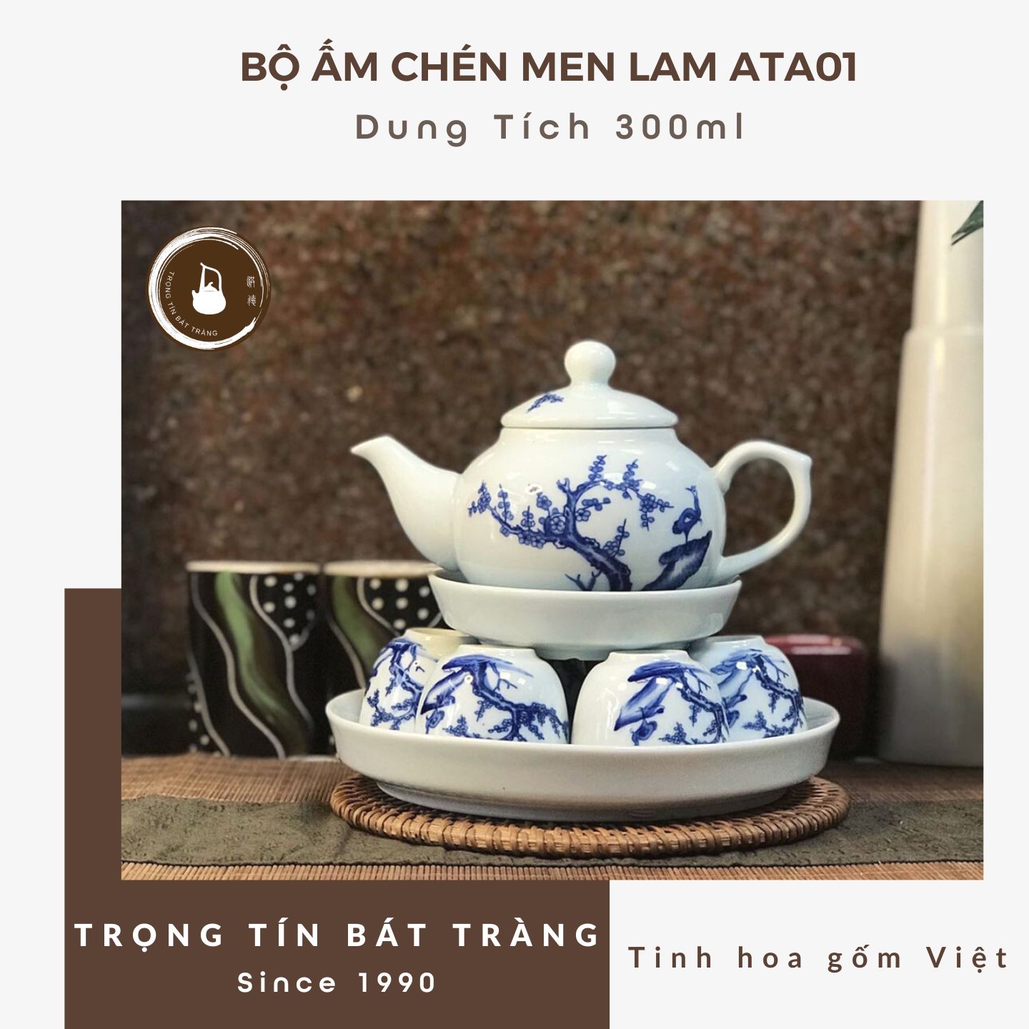 Bộ Ấm Chén Trà Đạo Gốm Trắng Men Lam Bát Tràng Hoa Sen Dáng Thủy Bình Dung Tích 300ml ATA 01