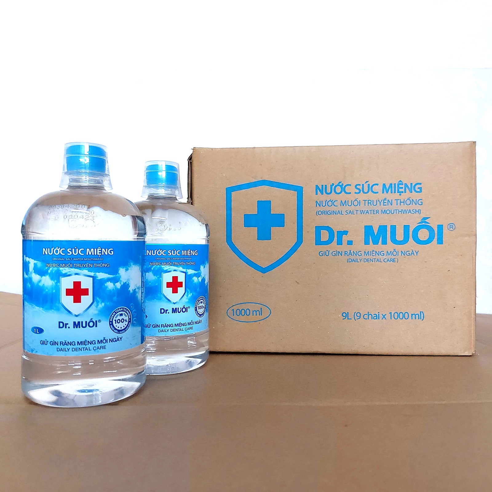 1 Thùng 9 chai Nước súc miệng Dr. Muối truyền thống 1000ml-Ngừa viêm họng, sâu răng, loại vi khuẩn, trắng răng, hết hôi miệng