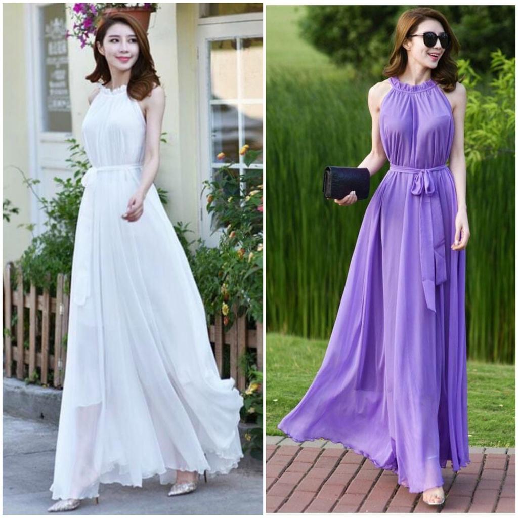 Đầm maxi dài cổ yếm xếp ly kèm dây buộc eo xinh xắn