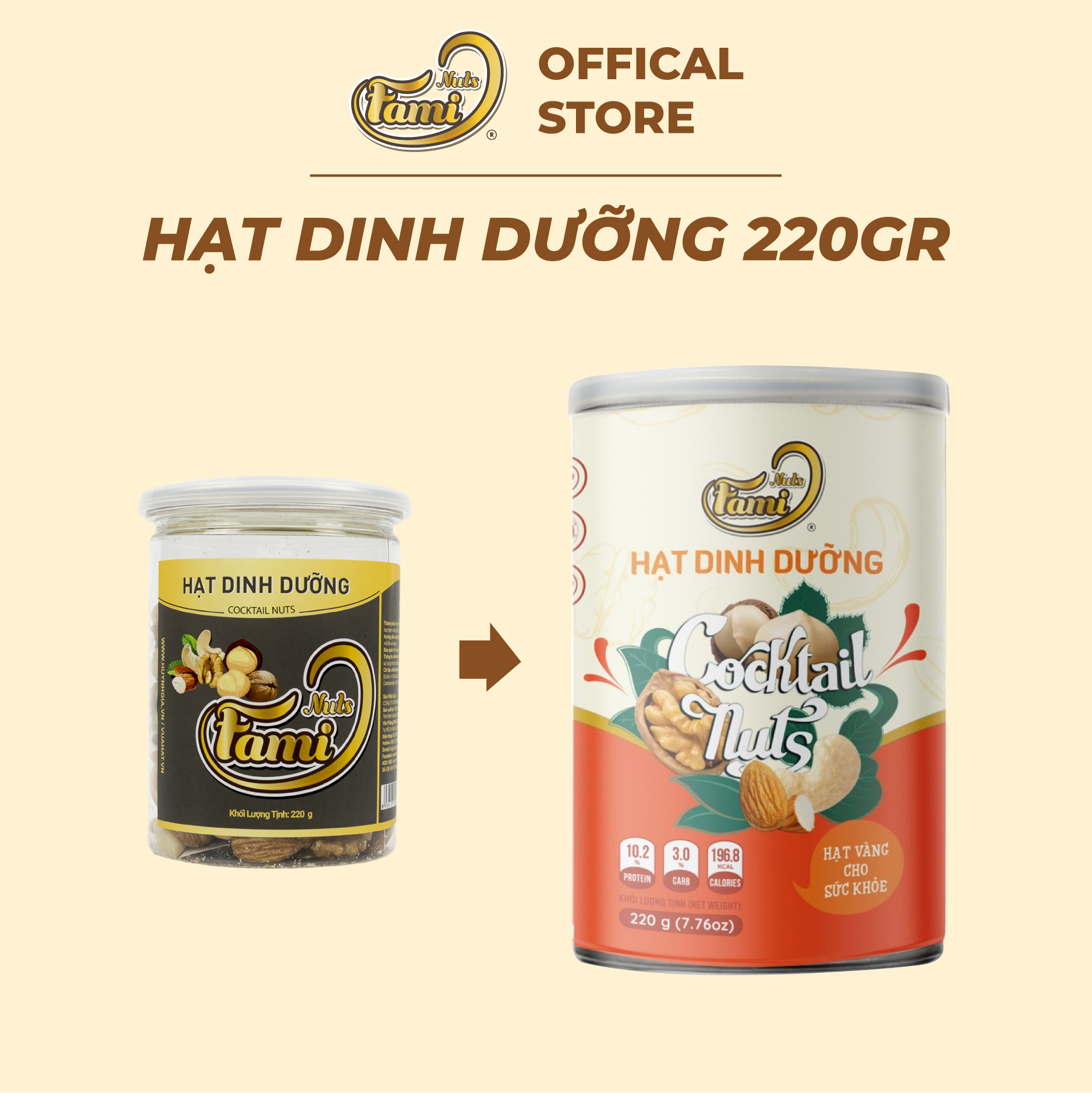 Mix 4 Hạt Dinh Dưỡng Nhập Khẩu(Nhân Óc Chó Mỹ + Hạnh Nhân Mỹ + Macca Úc + Hạt Điều A+ ) - Hũ Nắp Nhôm 220g - Hạt Dinh Dưỡng Cao Cấp FAMINUTS