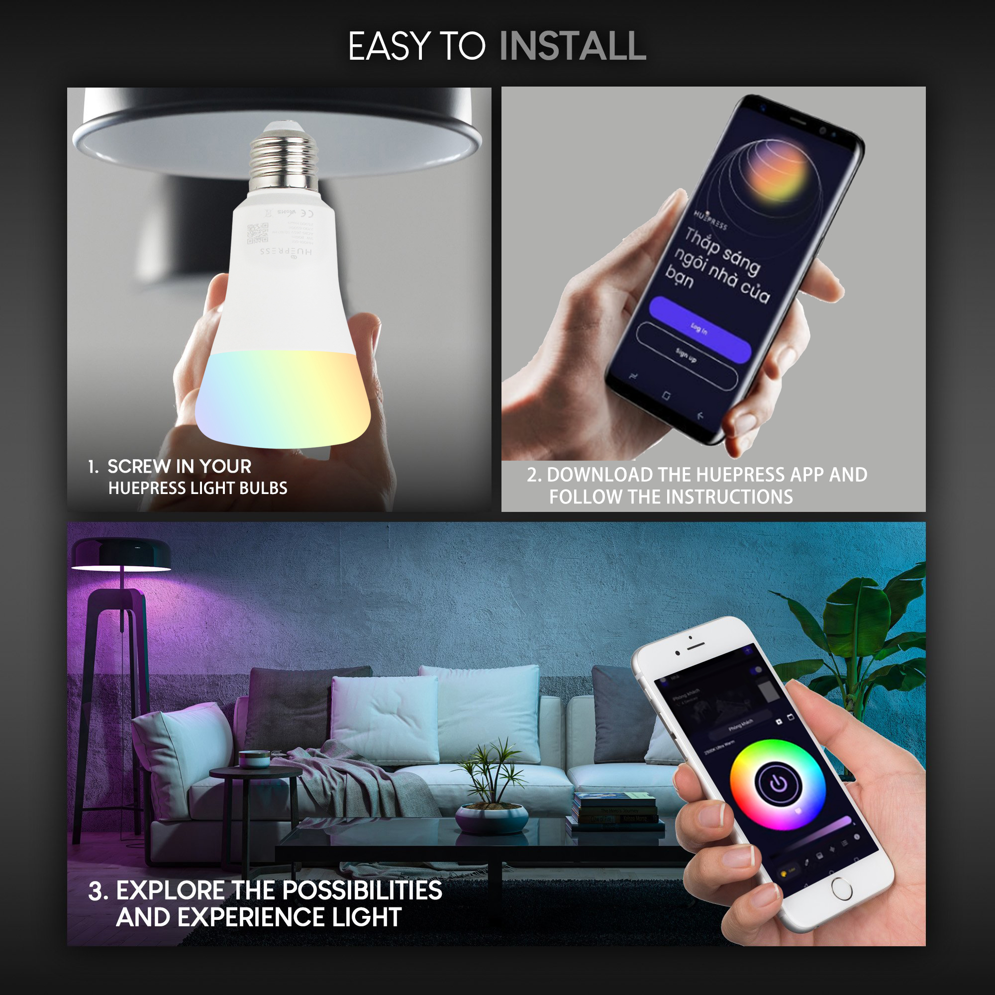 Đèn led thông minh HUEPRESS myHue Bulb L1 cao cấp WIFI 16 triệu màu RGBCW 9W - Điều khiển bằng app