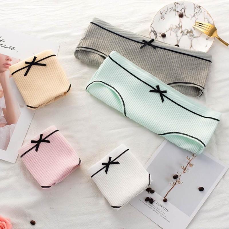 Quần Lót Nữ Cotton Tăm Cạp Nơ Phối Viền Đen khuẩn xuất Nhật